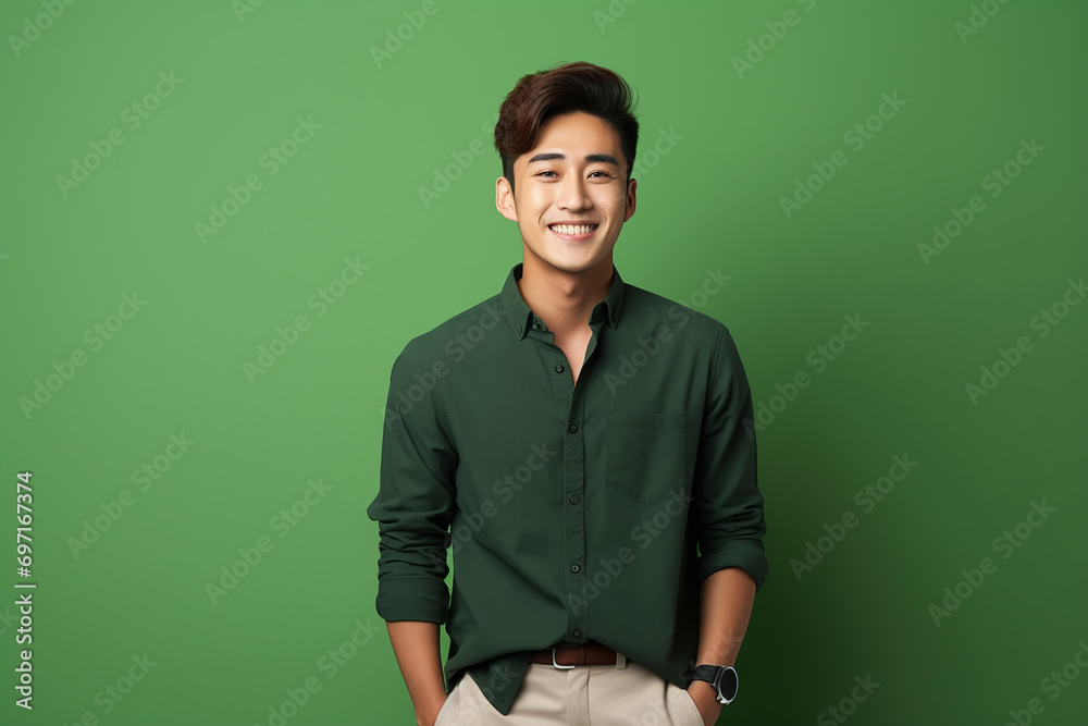 portrait of young asian man posing on green background