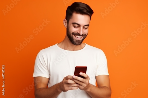 man looking at phone standing isolated on orange background © Uzair