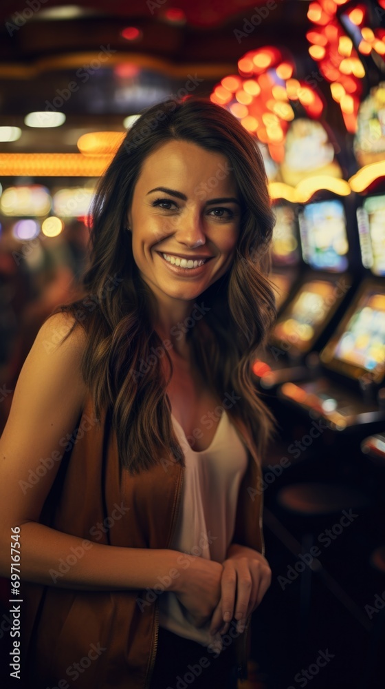 Portrait of happy woman in casino, in background slot machines