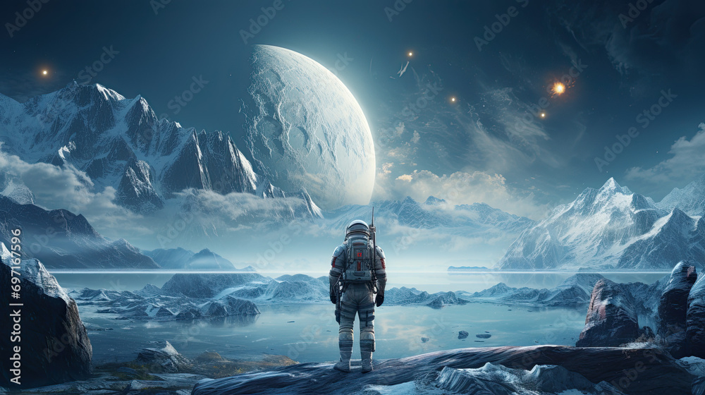 scene of an astronaut standing on an unknown icy planet with a ...