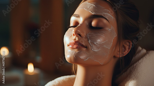 Young beautiful Lady doing facial mask at spa
