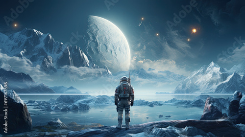 scene of an astronaut standing on an unknown icy planet with a breathtaking landscape. photo