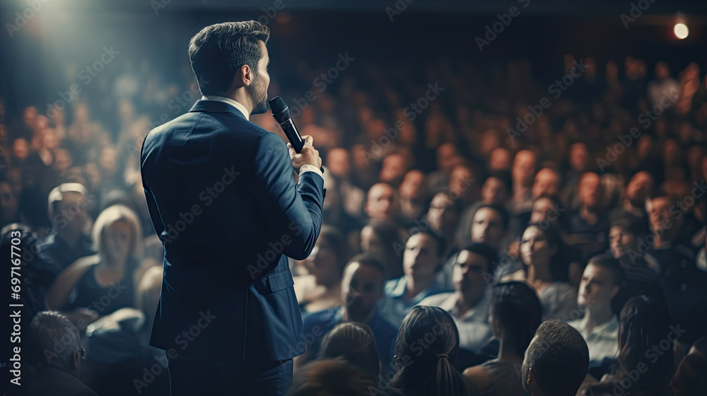Naklejka premium Motivational Speaker Standing in front of to many people in audience, event professional