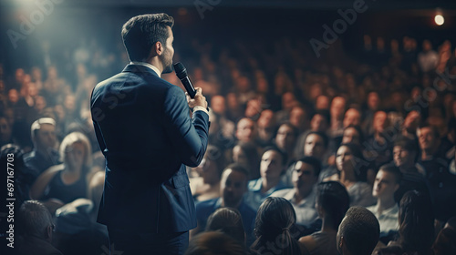Motivational Speaker Standing in front of to many people in audience, event professional photo
