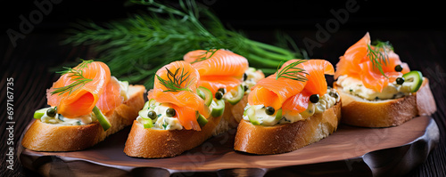 Fresh canapes topped with cheese, smoked salmon on bread.