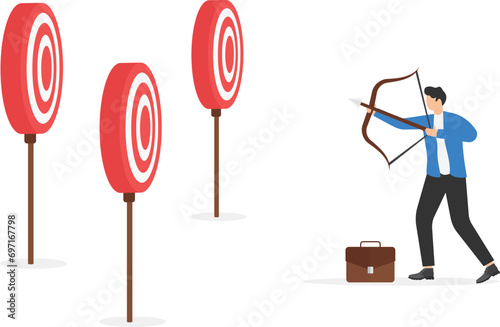 businessman holding bow and arrow confused by multiple bulls eye target. Creative vector illustration on confusion due to lack of specific goal concept

