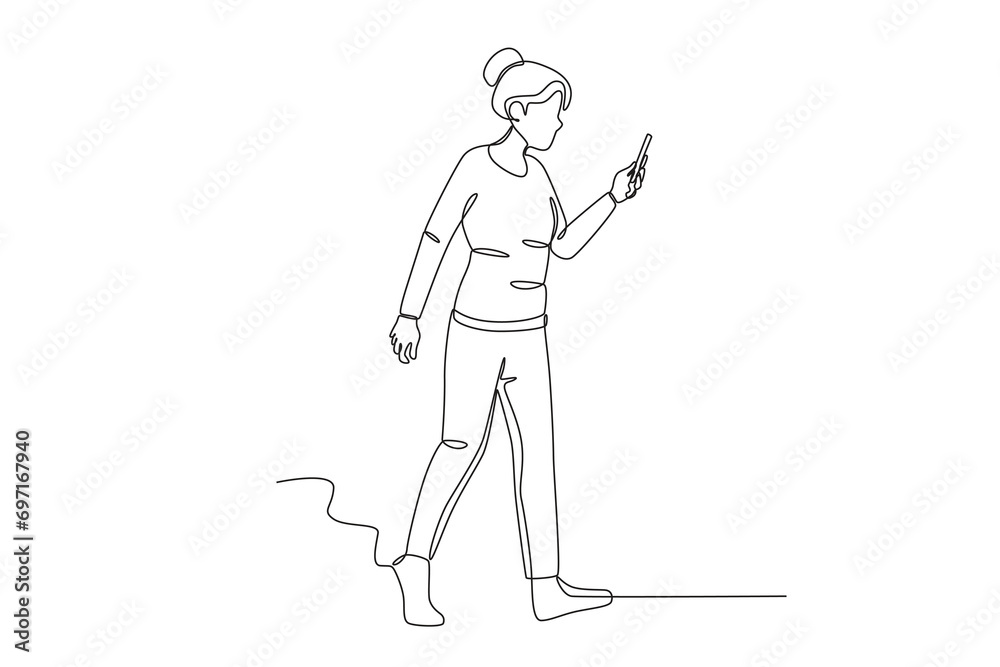 A woman playing social media while walking. Mobile phone addiction one-line drawing A woman playing social media while walking. Mobile phone addiction one-line drawing