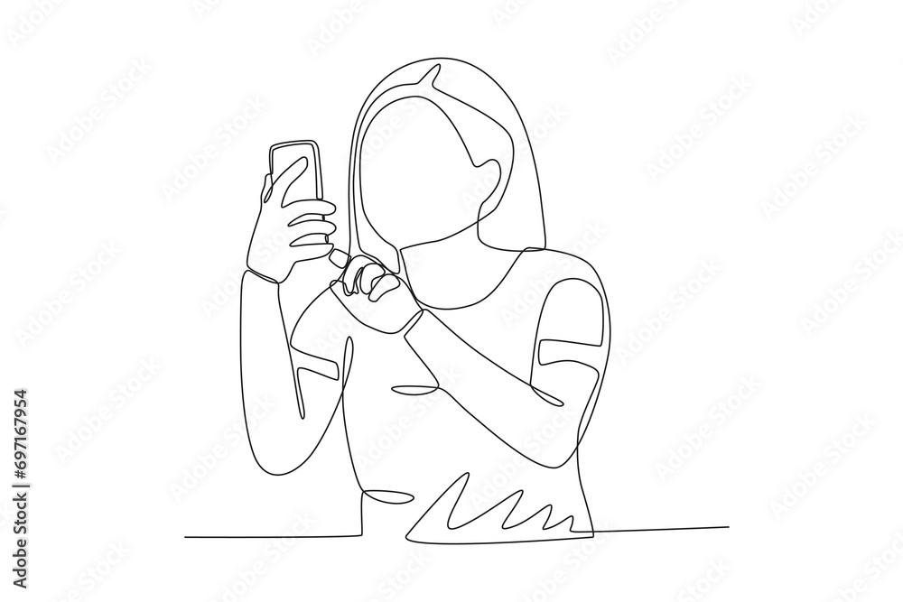 A girl focuses on playing with gadgets. Mobile phone addiction one-line drawing