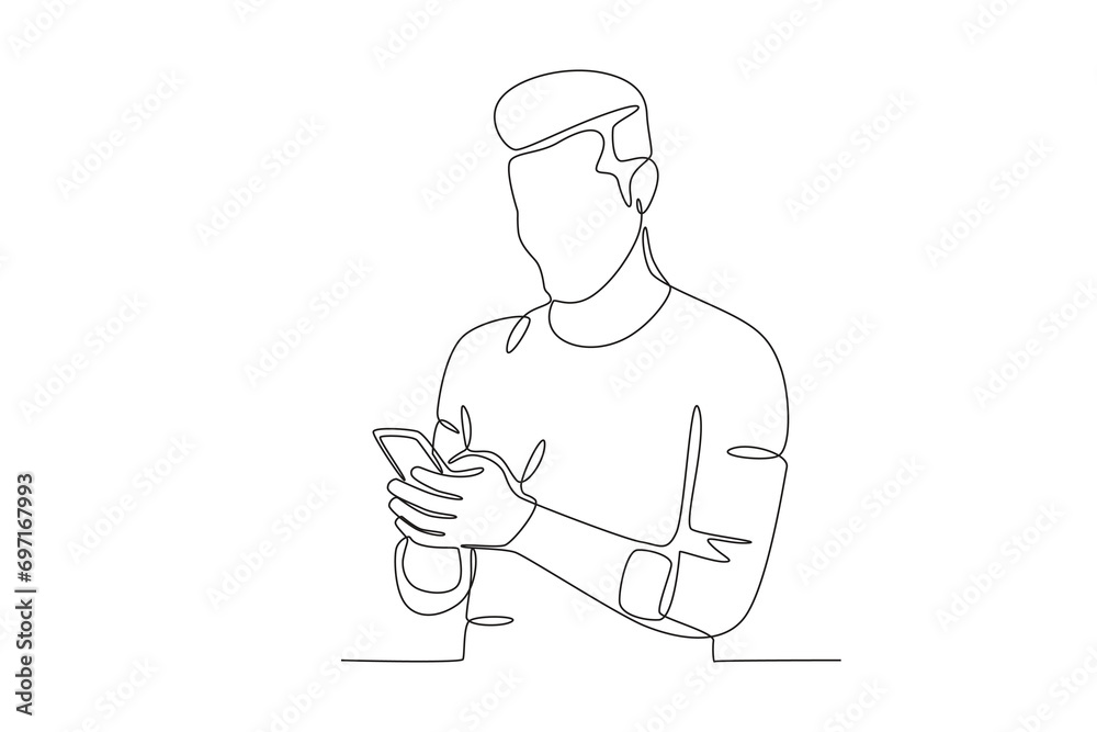 A man uses a cellphone. Mobile phone addiction one-line drawing