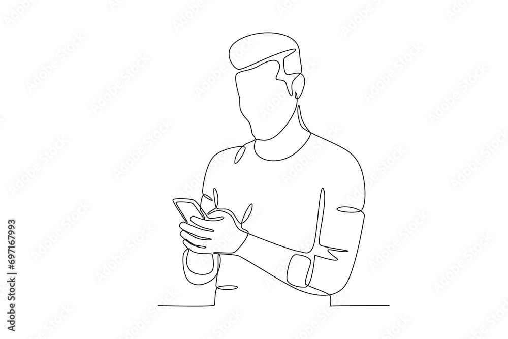 A man uses a cellphone. Mobile phone addiction one-line drawing A man uses a cellphone. Mobile phone addiction one-line drawing