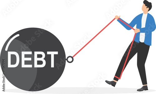 businessman sweating and pulling a cart with text Debt on it. Creative vector illustration on financial obligation as heavy burden concept 

