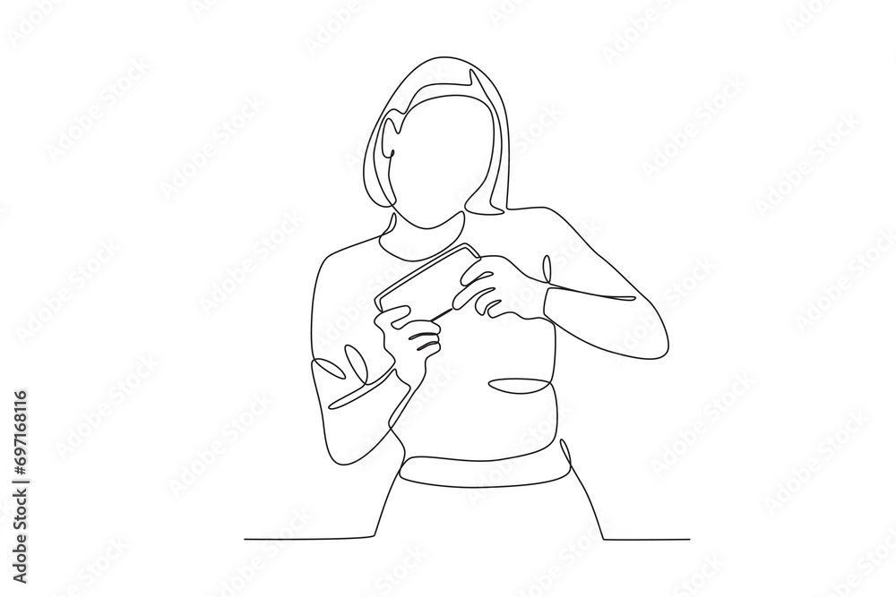 A woman playing online games happily. Mobile phone addiction one-line drawing