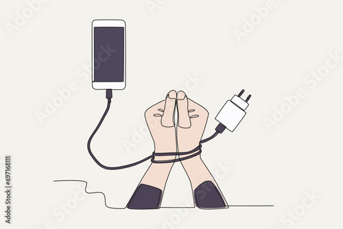 Colored illustration of hands tied to cell phones. Mobile phone addiction one-line drawing