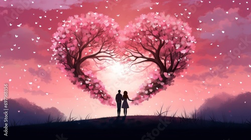 illustration of a loving couple under a heart-shaped pink flower tree and moonlight. Generative AI © Unionproject
