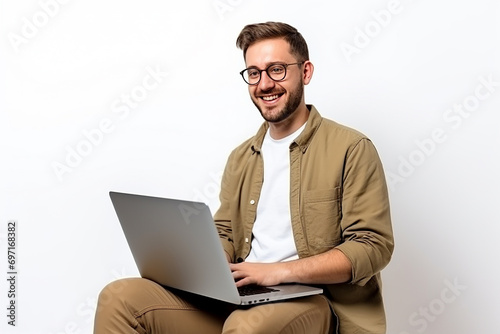 smiling bearded man in eyeglases using laptop photo