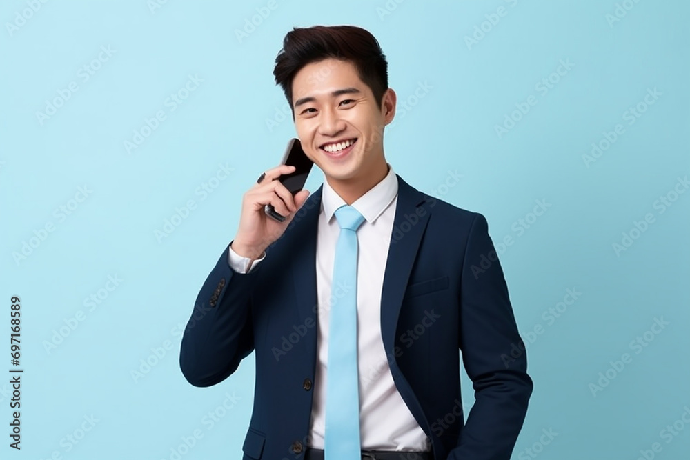 an Asian man with phone standing isolated on background an Asian man with phone standing isolated on background