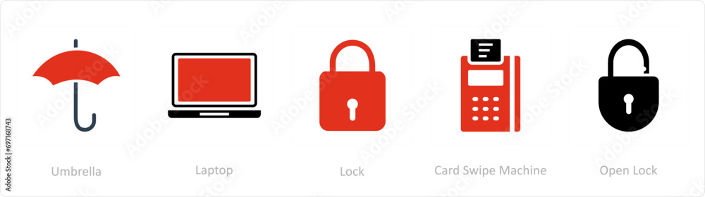 A set of 5 Business icons as umbrella, laptop, lock A set of 5 Business icons as umbrella, laptop, lock