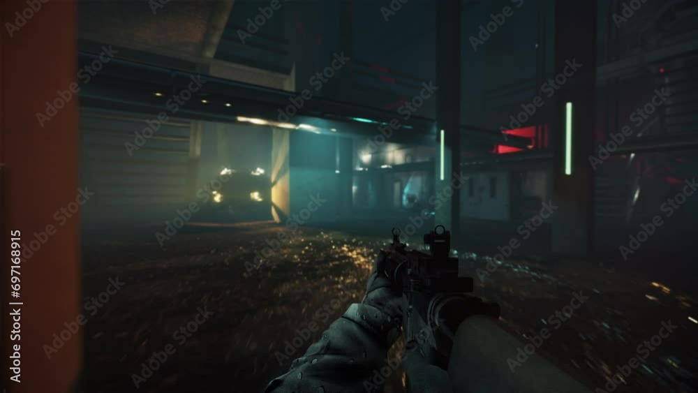 Animation of the military rifle gun in the fps video game interface. Using the heavy gun in the modern computer video game interface. Shooting the gun at the ai opponents in the video game interface.