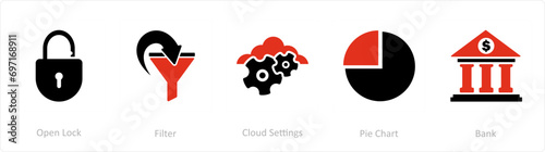 A set of 5 Business icons as open lock, filter, cloud settings