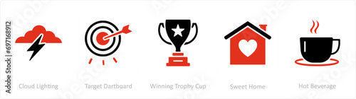 A set of 5 Business icons as cloud lightning, target dashboard, winning trophy cup