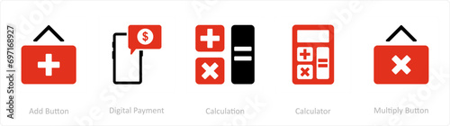 A set of 5 Business icons as add button, digital payment, calculation