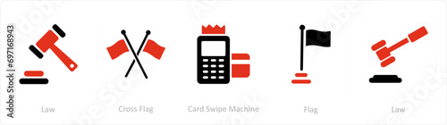 A set of 5 Business icons as law, cross flag, card swipe machine