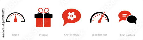 A set of 5 Business icons as speed, present, chat settings