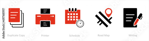 A set of 5 Business icons as duplicate copy, printer, schedule