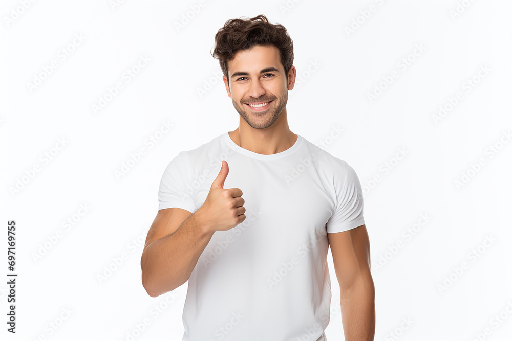 handsome bearded man doing thumbs up on isolated white background