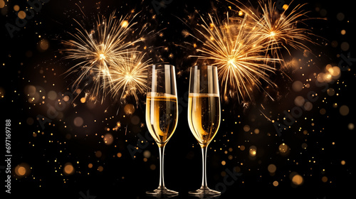 champagne or sparking wine glasses clinking golden firework pyro