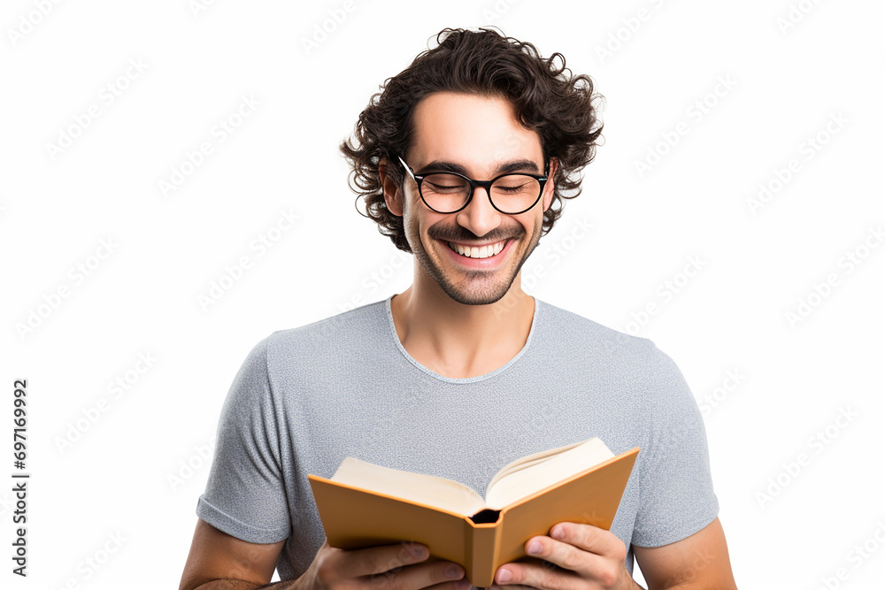 man reading book standing isolated on white background