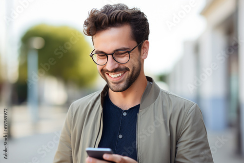 man looking at phone standing isolated on white background