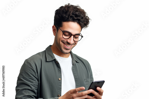 man looking at phone standing isolated on white background