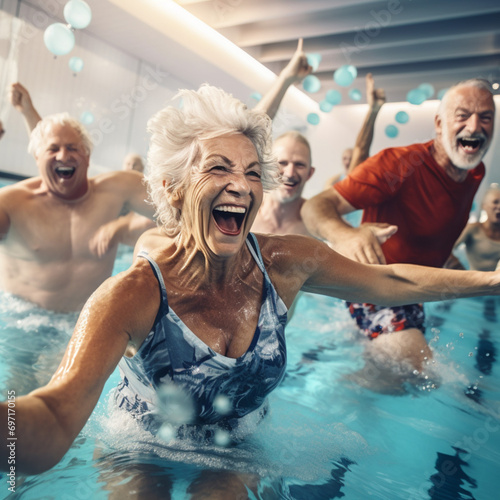 Senior people in a pool class. Aqua Zumba.