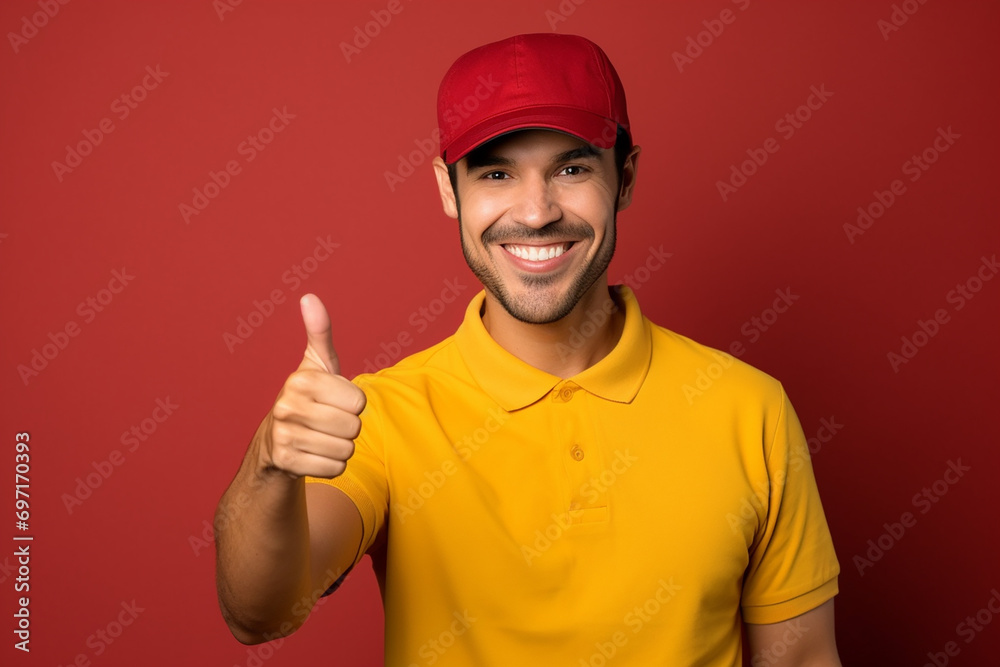young handsome delivery man in uniform and cap looking confident smiling friendly doing thumbs up