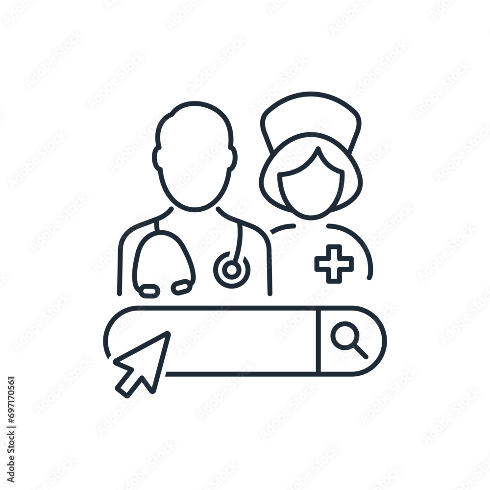 Medical Internet search system. Online consultation with a medical specialist.Vector linear icon illustration isolated on white background. Medical Internet search system. Online consultation with a medical specialist.Vector linear icon illustration isolated on white background.