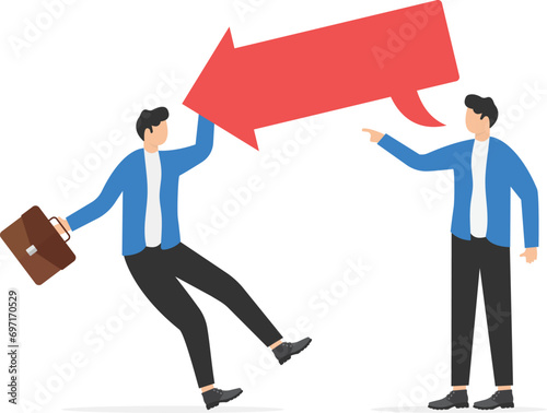 Man with big red arrow speech balloon with copy space directed at another man in angry gesture. Conceptual vector illustration for provocative or rude comments.

