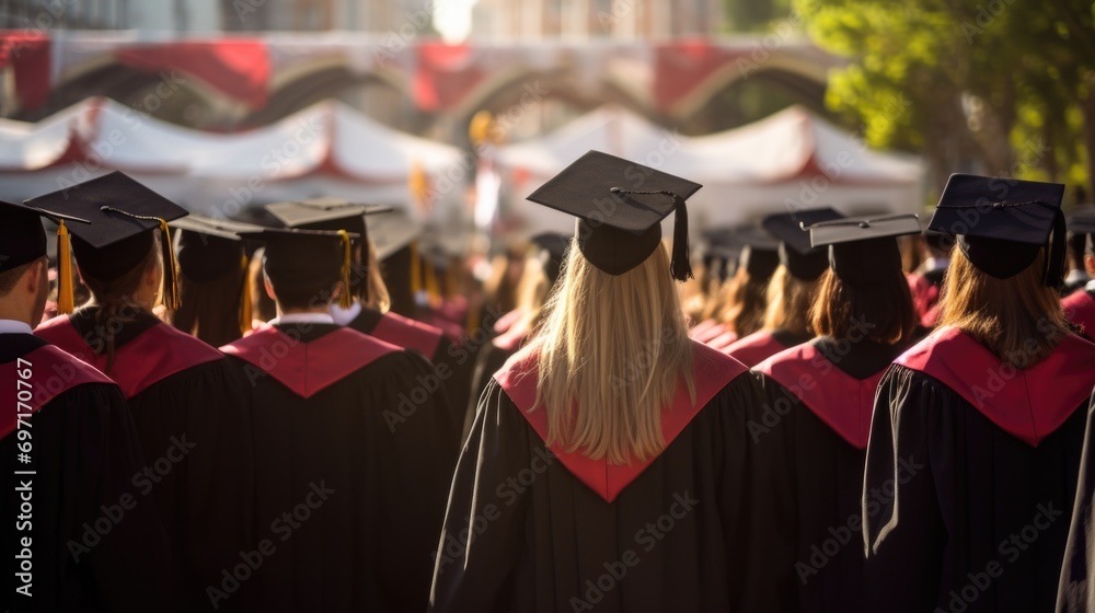 Rear view of the graduates in the graduation commencement ceremony
