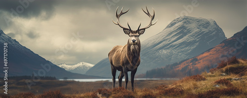 Majestic red deer in moutains. panorama photo. copy space for tex. photo