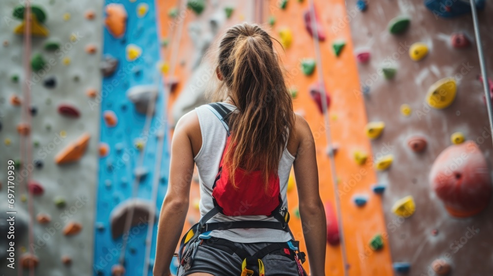 Rear view woman on a rock climbing wall   - obrazy, fototapety, plakaty 