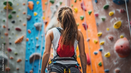 Rear view woman on a rock climbing wall 