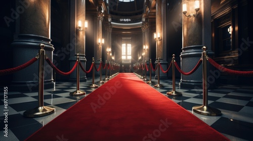 Red carpet hallway with barriers and red ropes photo
