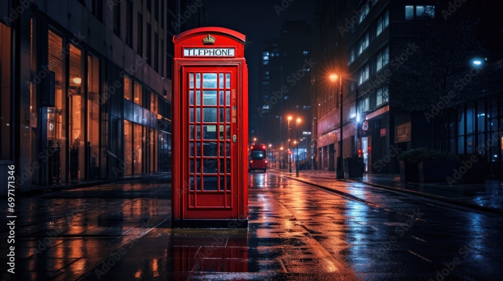 Red phone booth on the street - obrazy, fototapety, plakaty 