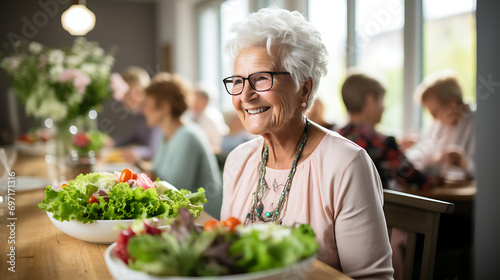 Senior woman in a retirement home, happz and enjoying a healthy lunch, showcasing a lifestyle of well-being and contentment.