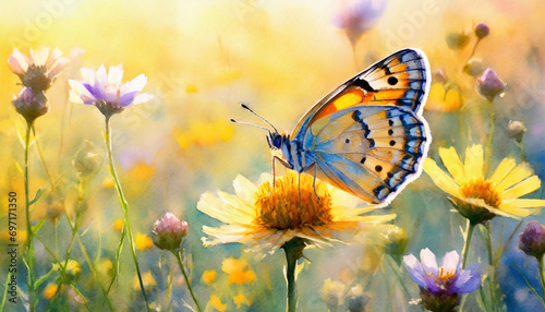 Bright Yellow Butterfly Soaring Above Daisy Meadow