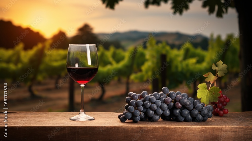 Red wine in glass and grape on wooden barrel with vineyard in background