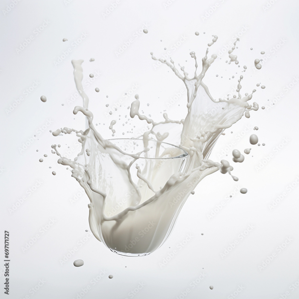 Splash effect of high-speed shooting of milk in spilled glass on a plain white background Splash effect of high-speed shooting of milk in spilled glass on a plain white background
