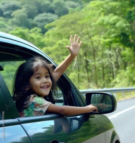 A little girl waving from the car window. Generative AI.
