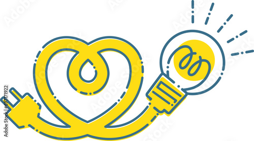 ハートの形をした黄色の電気コード、電源プラグと電球