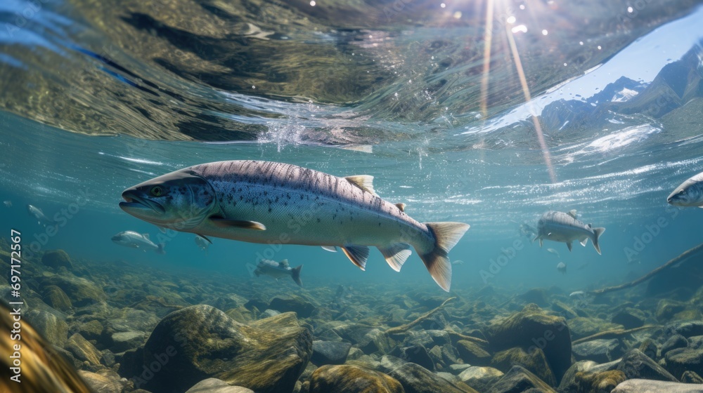 Fototapeta premium Salmon are swimming upstream in the clear river